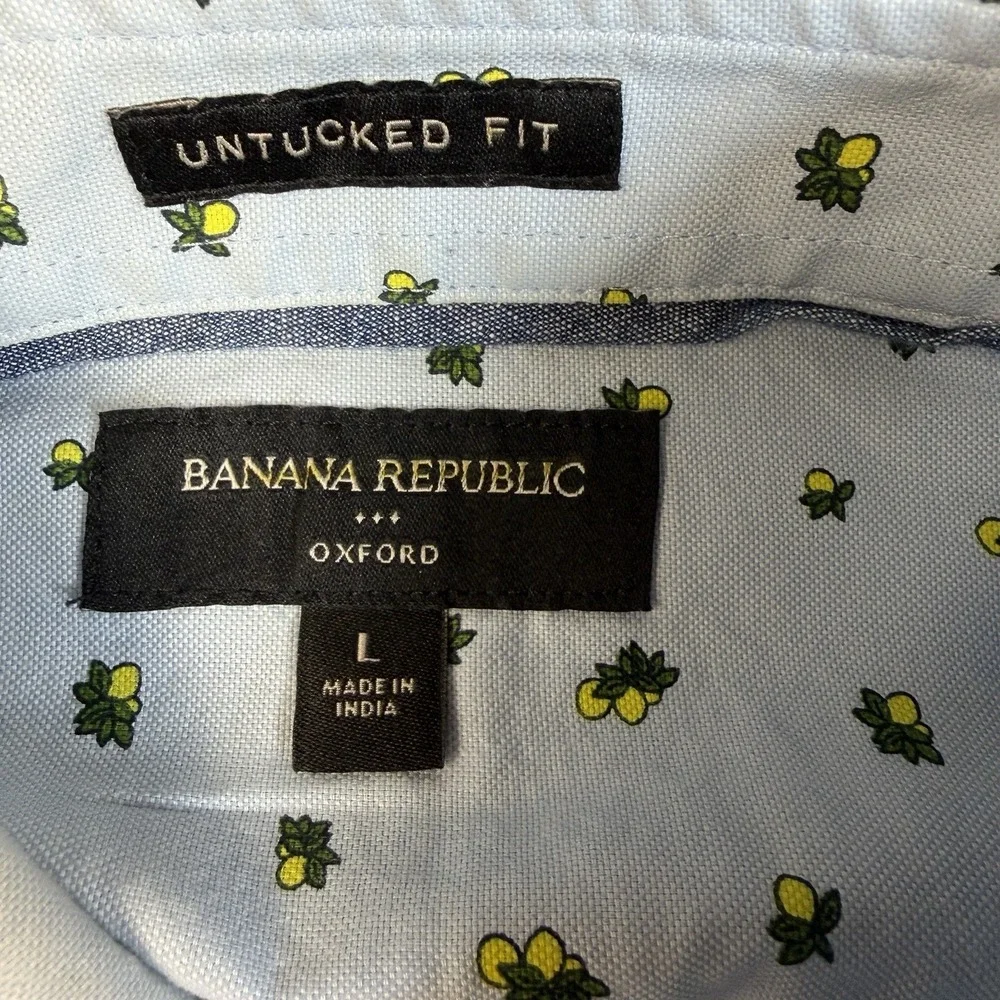 Banana‎ Republic Oxford Untucked Fit Men's L Blue Button Front Shirt Lemon Print